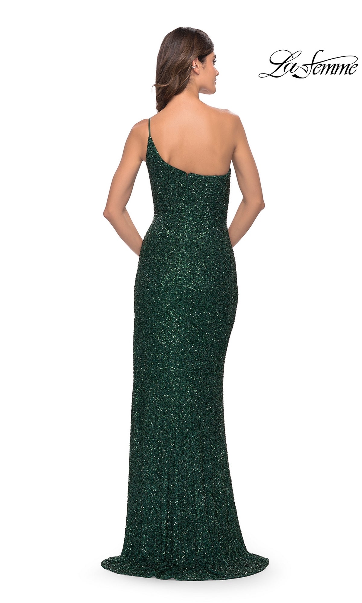 A woman elegantly models the One-Shoulder Long Sequin Prom Dress: La Femme31427 in dark green, featuring a fitted silhouette, floor-length hem, slight train, and sequined design—shown from the back.